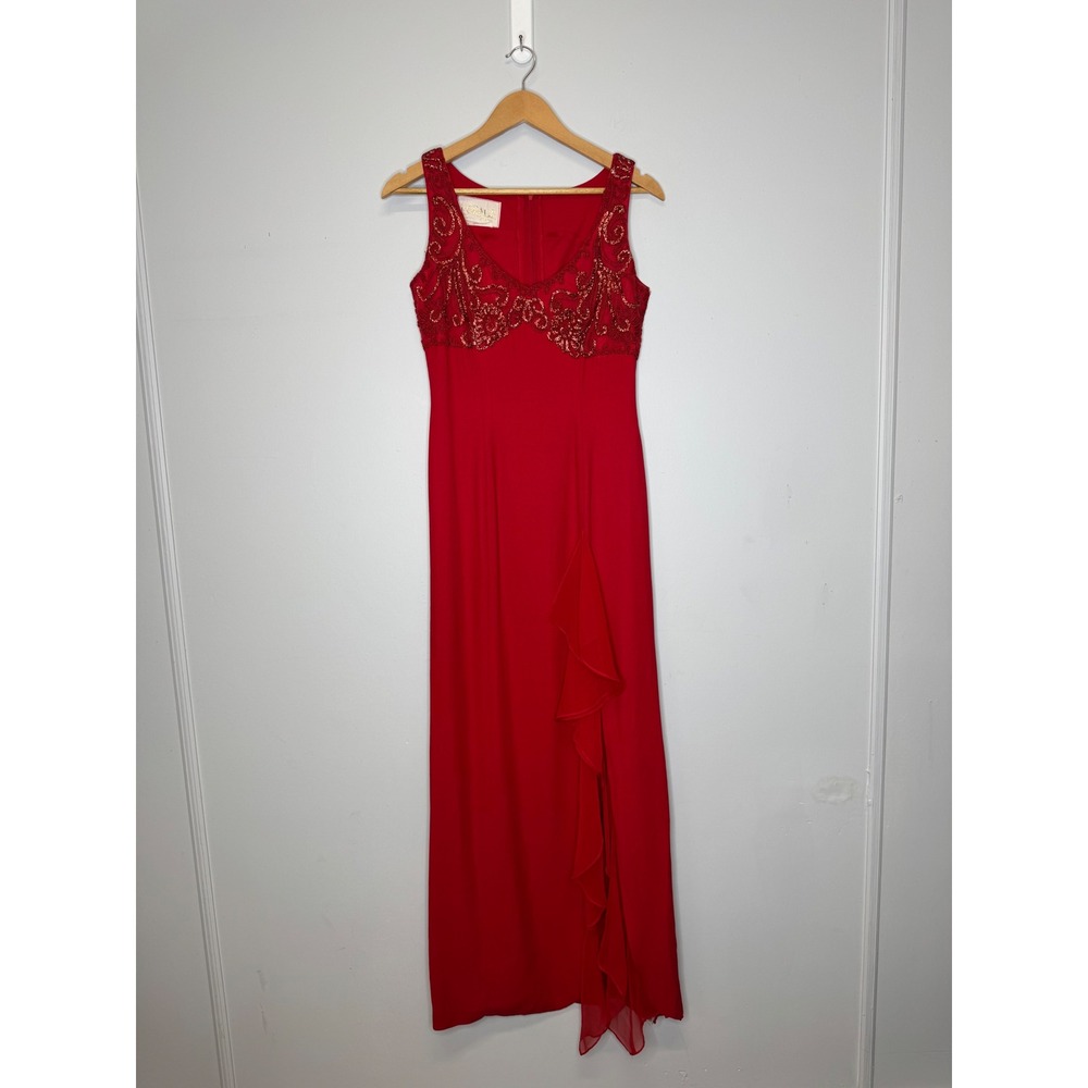 Loralie Original Vintage Red Embroidered Ruffle Maxi Dress V-Neck Formal Gown - Picture 2 of 10